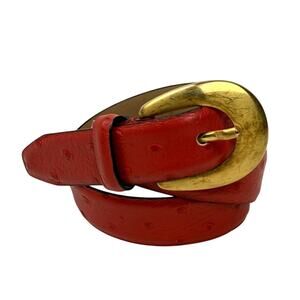 MCM Red Ostrich Embossed Leather Belt Gold Buckle Luxury Made in Italy 26